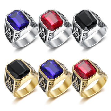 Big Stone Silver Color Stainless Steel Vintage Classic Masonic Rings - The Jewellery Supermarket